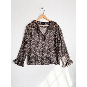 Virgo Petite Leopard‎ Print Sheer Ruffle Collar Button Up Blouse Brown Size 12P